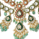 Saadgi Gold Plated Green Womens Short Necklace Set with Pair of Earrings
