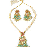 Gold Plated Green Womens Kundan, Polki Necklace Set with Pair of Earrings