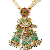 Gold Plated Green Womens Kundan, Polki Necklace Set with Pair of Earrings