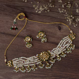 Saadgi Gold Plated Green Womens Choker Necklace Set with Pair of Earrings
