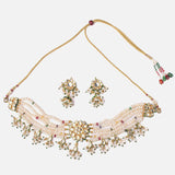 Saadgi Gold Plated Green Womens Choker Necklace Set with Pair of Earrings