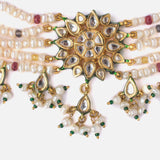 Saadgi Gold Plated Green Womens Choker Necklace Set with Pair of Earrings