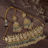 Saadgi Gold Plated Green Womens Choker Necklace Set with Pair of Earrings
