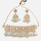Saadgi Gold Plated Green Womens Choker Necklace Set with Pair of Earrings