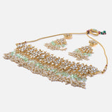 Saadgi Gold Plated Green Womens Choker Necklace Set with Pair of Earrings