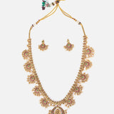 Saadgi Gold Plated Red Womens Long Necklace Set with Pair of Earrings