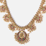 Saadgi Gold Plated Red Womens Long Necklace Set with Pair of Earrings