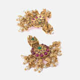 Saadgi Gold Plated Red Womens Long Necklace Set with Pair of Earrings