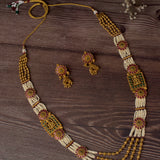 Saadgi Gold Plated Red Womens Long Necklace Set with Pair of Earrings