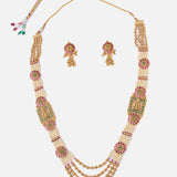 Saadgi Gold Plated Red Womens Long Necklace Set with Pair of Earrings