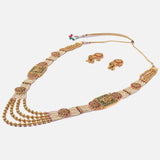 Saadgi Gold Plated Red Womens Long Necklace Set with Pair of Earrings