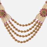 Saadgi Gold Plated Red Womens Long Necklace Set with Pair of Earrings
