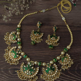 Gold Plated Green Womens Short Necklace Set with Pair of Earrings