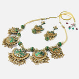 Gold Plated Green Womens Short Necklace Set with Pair of Earrings
