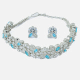 Silver Plated Blue Womens Zircon Choker Necklace Set with Pair of Earrings