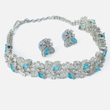 Silver Plated Blue Womens Zircon Choker Necklace Set with Pair of Earrings
