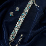 Silver Plated Blue Womens Zircon Choker Necklace Set with Pair of Earrings