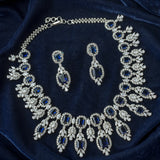 Silver Plated Blue Womens Zircon Short Necklace Set with Pair of Earrings