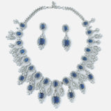 Silver Plated Blue Womens Zircon Short Necklace Set with Pair of Earrings