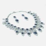 Silver Plated Blue Womens Zircon Short Necklace Set with Pair of Earrings