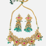 Saadgi Gold Plated Green Womens Choker Necklace Set with Pair of Earrings