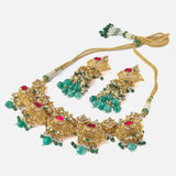Saadgi Gold Plated Green Womens Choker Necklace Set with Pair of Earrings
