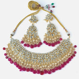 Gold Plated Pink Womens Kundan Short Necklace Set with Pair of Earrings