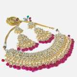 Gold Plated Pink Womens Kundan Short Necklace Set with Pair of Earrings