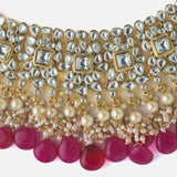 Gold Plated Pink Womens Kundan Short Necklace Set with Pair of Earrings
