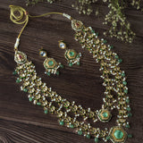Gold Plated Green Womens Kundan Long Necklace Set with Pair of Earrings