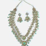 Gold Plated Green Womens Kundan Long Necklace Set with Pair of Earrings