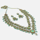 Gold Plated Green Womens Kundan Long Necklace Set with Pair of Earrings