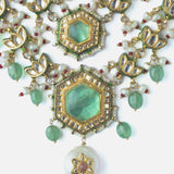 Gold Plated Green Womens Kundan Long Necklace Set with Pair of Earrings