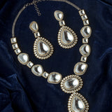Rodium Plated Womens Kundan Short Necklace Set with Pair of Earrings
