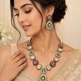 Royal Moissanite Polki Necklace Set with Emerald & Ruby Accents