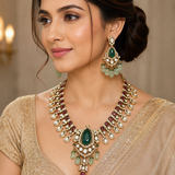 Emerald Green Moissanite Polki Pendant Necklace Set with Ruby Accents & Statement Earrings