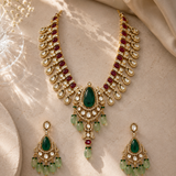 Emerald Green Moissanite Polki Pendant Necklace Set with Ruby Accents & Statement Earrings