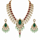Emerald Green Moissanite Polki Pendant Necklace Set with Ruby Accents & Statement Earrings