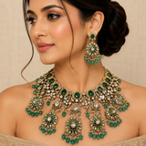 Luxurious Moissanite bridal choker necklace set featuring sparkling stones, emerald green accents, intricate floral motifs, and matching statement earrings for a regal wedding look.