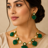 Emerald Green Kundan Lotus Statement Necklace Set with Earrings
