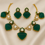 Emerald Green Kundan Lotus Statement Necklace Set with Earrings