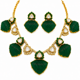 Emerald Green Kundan Lotus Statement Necklace Set with Earrings