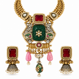 Royal Ruby Statement Necklace Set with Jhumka Earrings