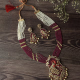 Gold Plated Red & White Womens Beads Long Necklace Set with Pair of Earrings