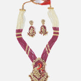 Gold Plated Red & White Womens Beads Long Necklace Set with Pair of Earrings