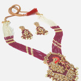 Gold Plated Red & White Womens Beads Long Necklace Set with Pair of Earrings