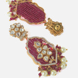 Gold Plated Red & White Womens Beads Long Necklace Set with Pair of Earrings
