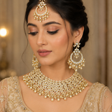 Royal Jaipuri Kundan Pearl Floral Choker Necklace Set with Chandbali Earrings & Maang Tikka