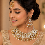 Royal Jaipuri Kundan Pearl Floral Choker Necklace Set with Chandbali Earrings & Maang Tikka
