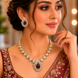 Ruby Red Jaipuri Kundan Statement Necklace Set with Matching Earrings